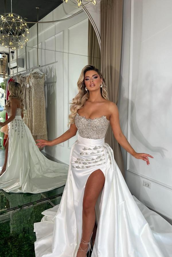 Long White Mermaid Sweetheart Satin Beading Prom Dresses with Split
