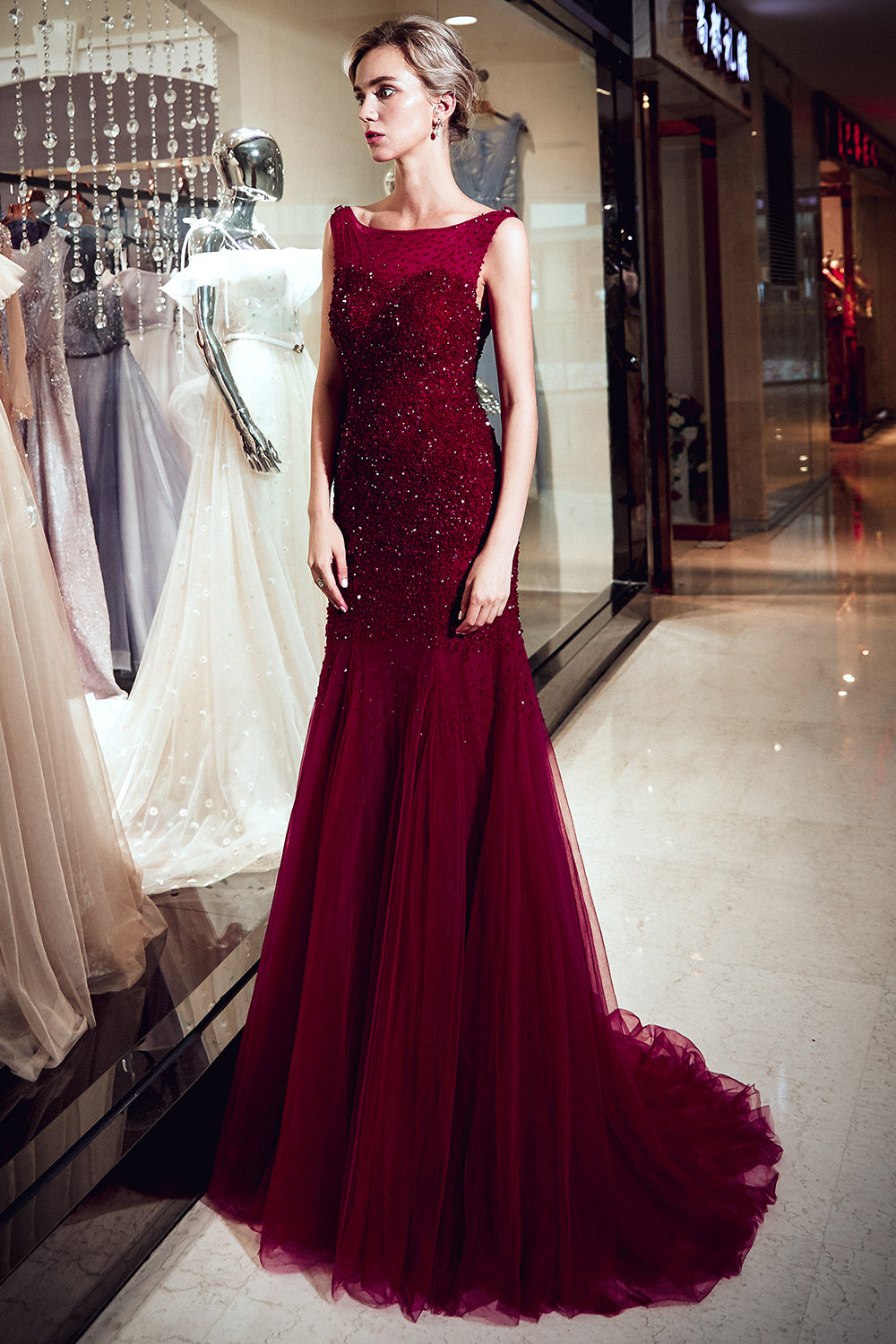 Mermaid Sleeveless Sequined Tulle Burgundy Long Evening Gowns