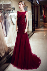 Mermaid Sleeveless Sequined Tulle Burgundy Long Evening Gowns