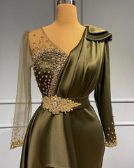 V-neck Long Sleeves Beading Ruffles Floor Length Mermaid Formal Dress