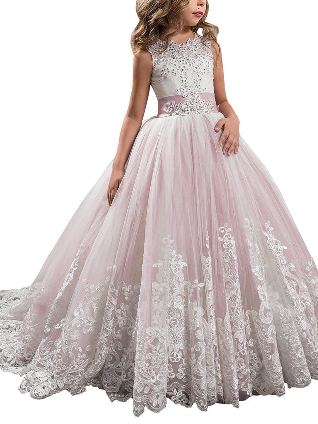 Long Ball Gown Tulle Lace Jewel Neck Pageant Flower Girl Dresses With Bow(S)