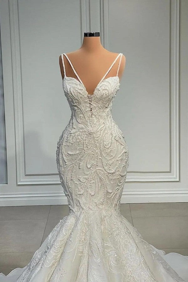 Modest Long Mermaid V-neck Lace Wedding Dresses with Beads