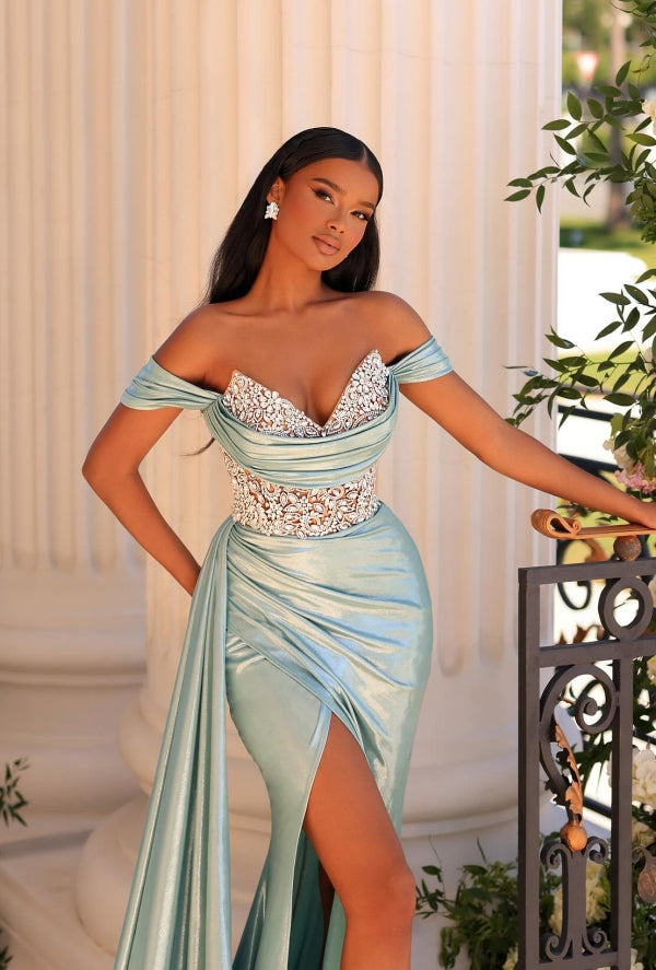 Long V Neck Off The Shoulder Mermaid Split Draped Front Beads Floor Length Prom Dress