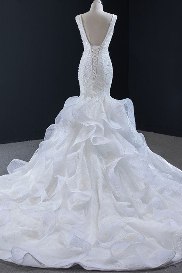 Luxury Long V-neck Lace-up Appliqes Lace Mermaid Wedding Dress