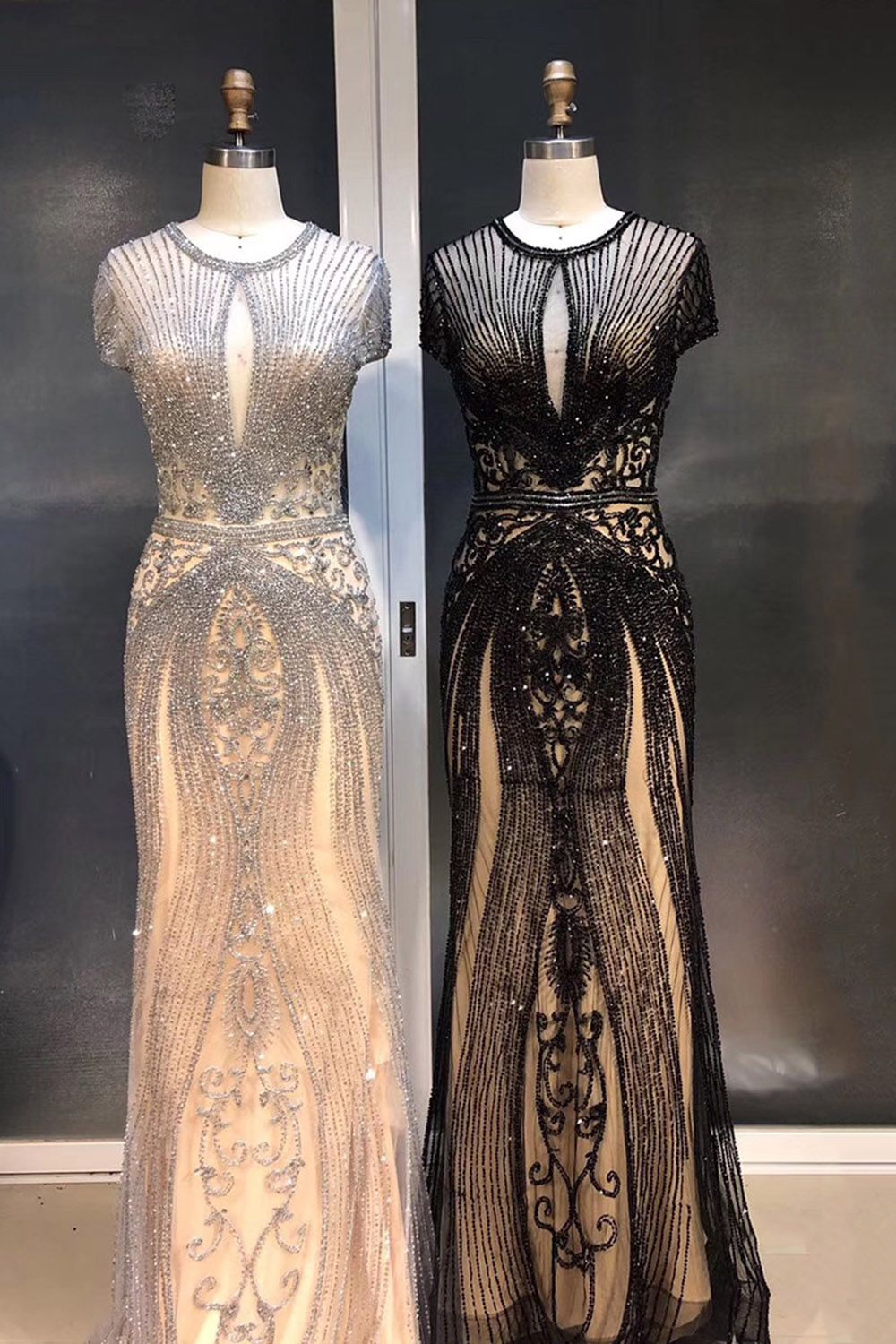 Long Mermaid Jewel Satin Beads Formal Evening Dresses