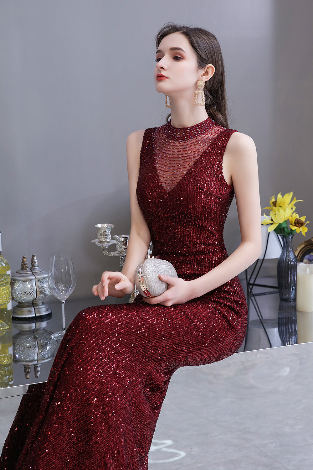 Gorgeous Mermaid Burgundy Sequins Long Formal Evening Dresses