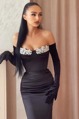Black Strapless Mermaid Satin Long Prom Dress with Gloves