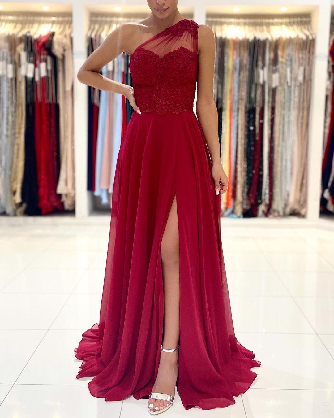 Long A-Line One Shoulder Appliques Lace Ruffles Chiffon Prom Dress With Slit