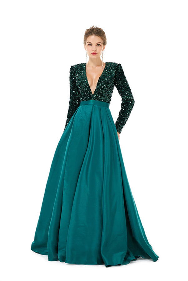 Charming Long Sleeves A-line V-neck Satin Beading Formal Dress With Slit