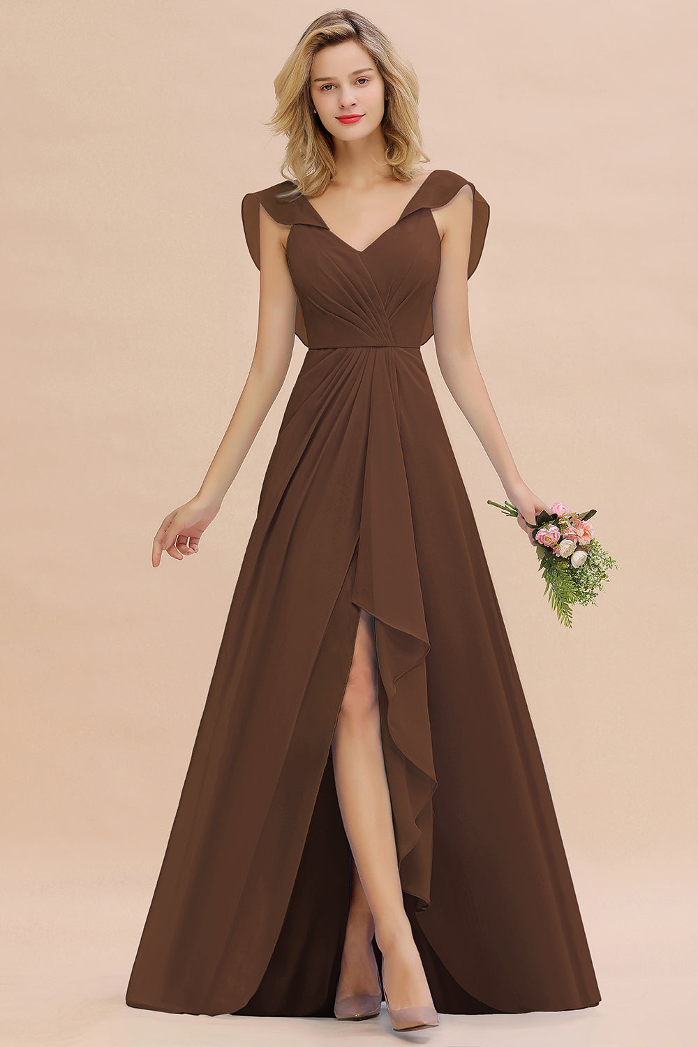 Simple High Low A-line V-Neck Ruffles Chiffon Bridesmaid Dress
