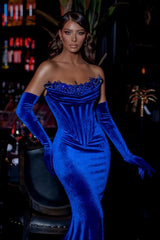 Royal Blue Long Mermaid Strapless Velvet Formal Dress with Gloves