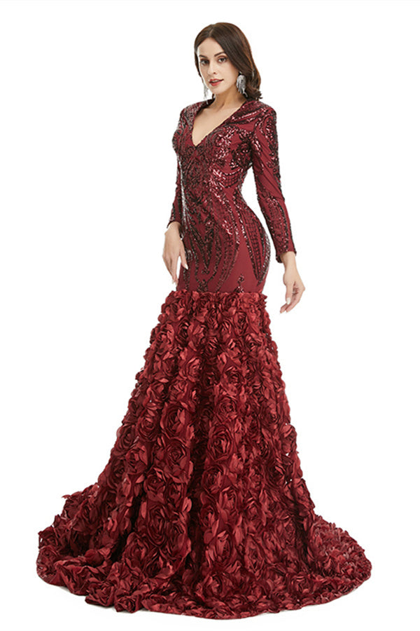 Charming Long Mermaid V-neck Satin Lace Formal Dress with Sleeves