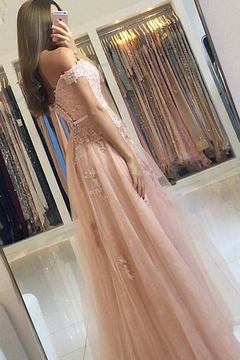 Elegant Off the Shoulder Appliques Lace A-Line Ruffles Floor Length Prom Dress