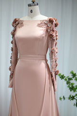 Long Sleeves Mermaid Satin Flower Beadings Formal Evening Dresses with Sweep Train