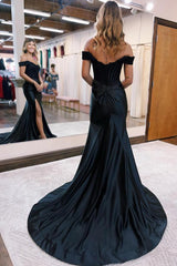 Black Long Mermaid Off the Shoulder Satin Lace Prom Dresses with Slit