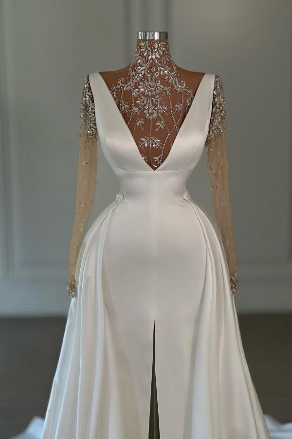 White Long Mermaid V-neck Satin Court Train Prom Dresses with Slit