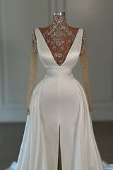 White Long Mermaid V-neck Satin Court Train Prom Dresses with Slit