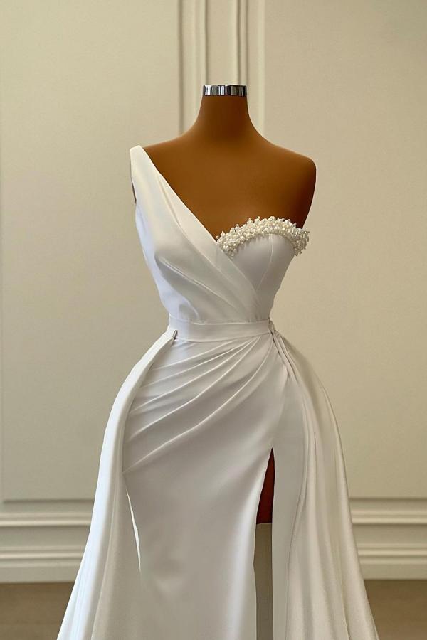 Vintage Long Mermaid One Shoulder Satin Formal Prom Dresses with Slit