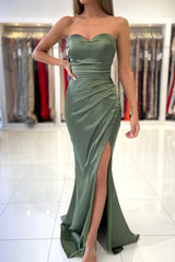 Long Mermaid Sweetheart Satin Front Slit Prom Dresses