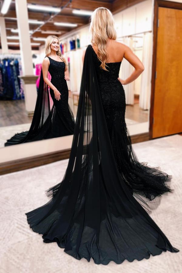 Black Long Mermaid One Shoulder Lace Tulle Prom Dresses