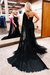 Black Long Mermaid One Shoulder Lace Tulle Prom Dresses