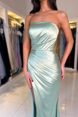Charming Long Memraid Strapless Floor Length Satin Prom Dresses with Slit