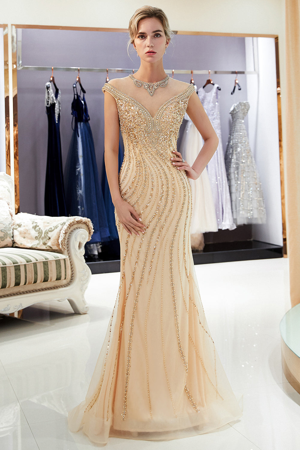 Long Jewel Tulle Mermaid Beading Sleeveless Formal Evening Dresses
