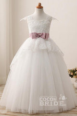 White Square Neck Cap Sleeves Ball Gown Flower Girls Dress
