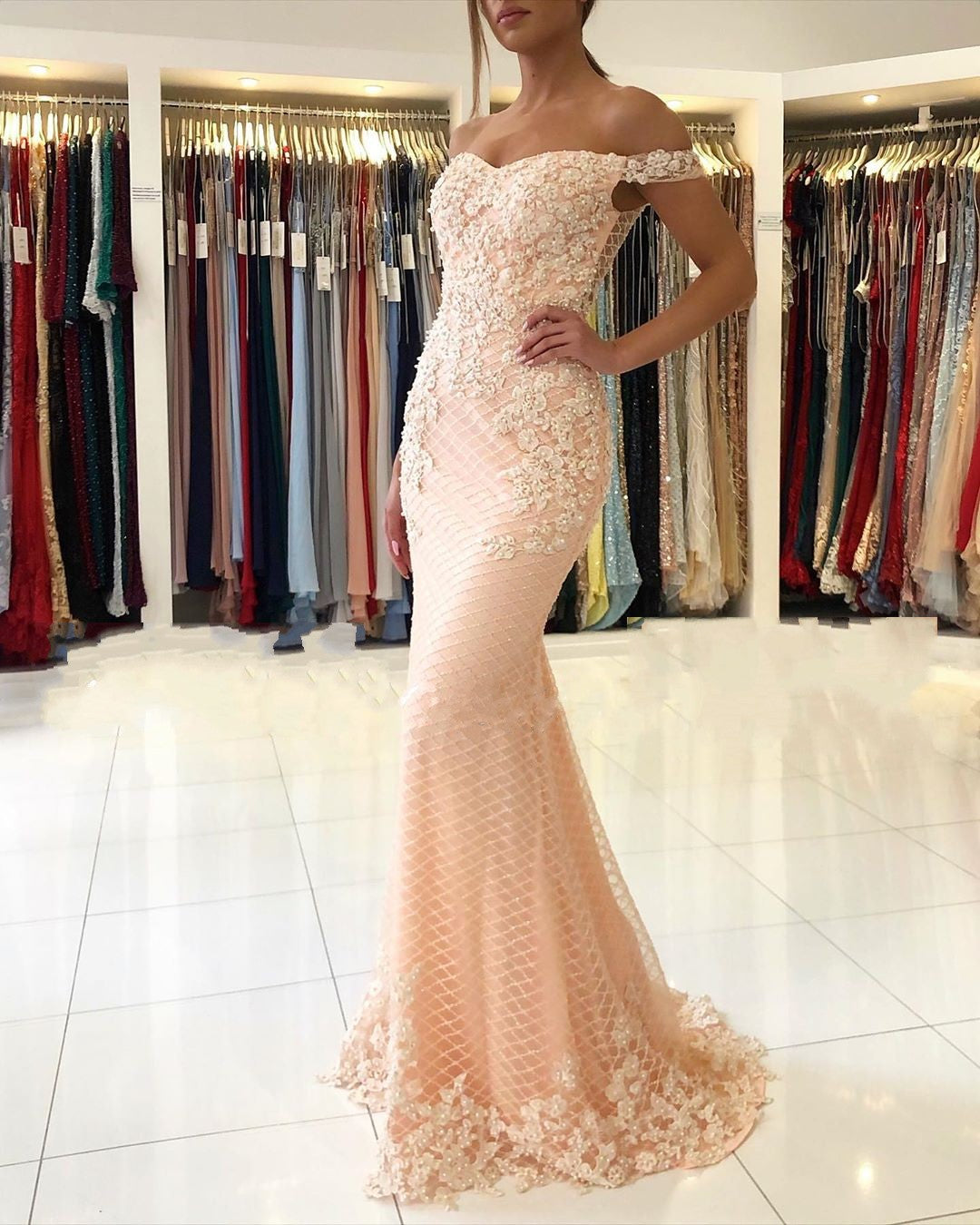 Luxury Long Mermaid Off the Shoulder Glitter Prom Dress with Lace