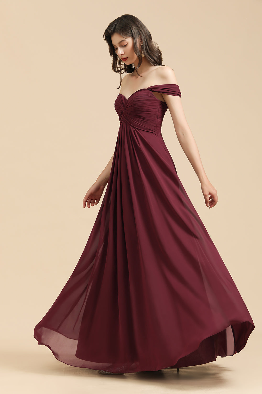 Burgundy Long A-line Off the Shoulder Chiffon Wedding Guest Dress