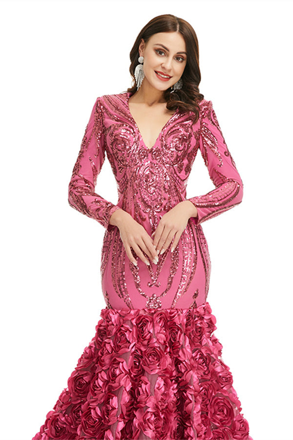 Charming Long Mermaid V-neck Satin Lace Formal Dress with Sleeves