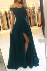 Long A-Line Off the Shoulder Chiffon Beading Ruffles Prom Dress With Side Slit