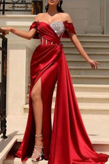 Stunning Long Mermaid Off the Shoulder Satin Evening Party Prom Dress with Slit