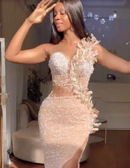 Long Mermaid One Shoulder Sleeveless Sequined Formal Prom Dresses with Slit