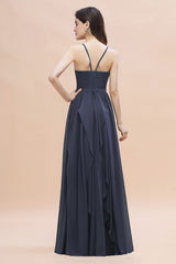 Elegant Long Sleeveless Halter Chiffon A-Line Wedding Guest Dresses
