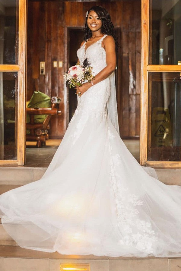 Elegant Long Sweetheart Straps Chapel Train Mermaid Tulle Wedding Dress