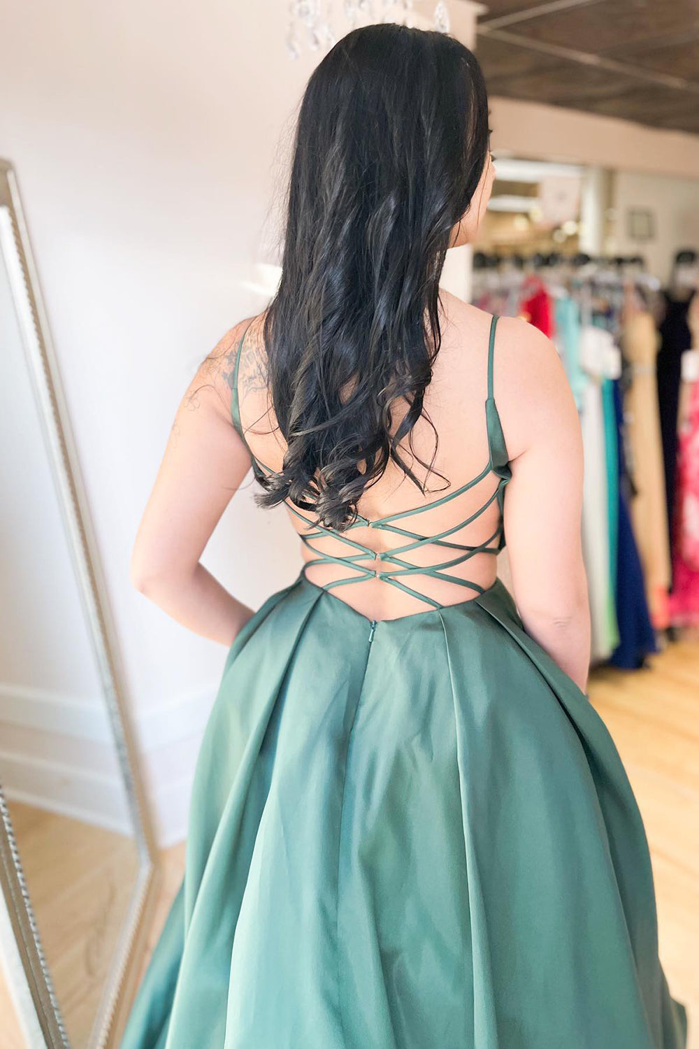 Long V-neck A-line Backless Ruffles Floor Length Spaghetti Straps Prom Dress