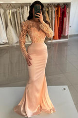 Long Sleeve Mermaid Lace Satin Formal Prom Dress with Train