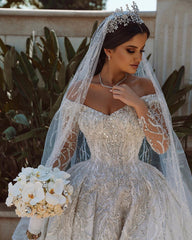 Luxurious Sequins Long Tulle Off the Shoulder Satin Ball Gown Wedding Dress with Sleeves