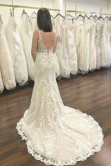 Long V-neck Wide Straps Lace Open Back Tulle Mermaid Wedding Dress
