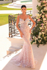 Spaghetti Straps Sweetheart Appliques Lace Mermaid Tulle Prom Dress with Beads