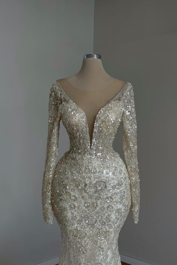 Ivory Long Mermaid V-neck Court Train Tulle Lace Wedding Dresses with Sleeves