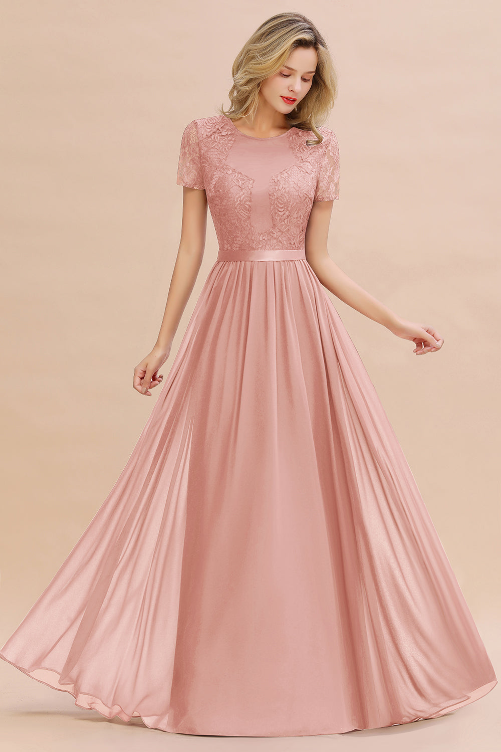 Chiffon Lace Scoop Short Sleeve Bridesmaid Dress