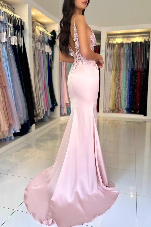 Long Mermaid V-Neck Sleeveless Satin Lace Prom Dresses with Slit