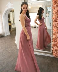 Long A-line Spaghetti Straps V-neck Open Back Floor Length Chiffon Prom Dress