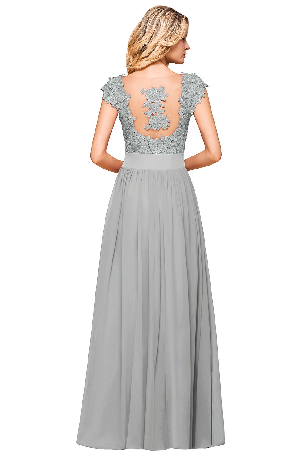 Dusty Blue Long A-line Cap sleeves Lace Bridesmaid Dresses with Appliques