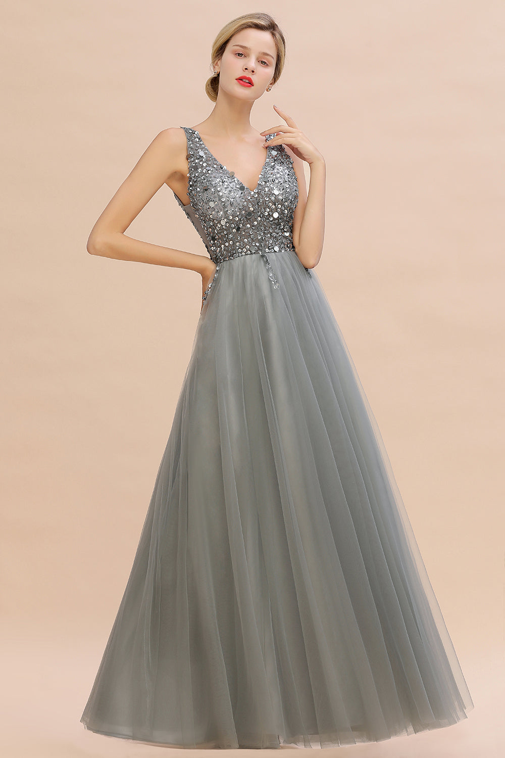 Long V-neck Tulle A-line Chiffon Beaded Formal Evneing Dress