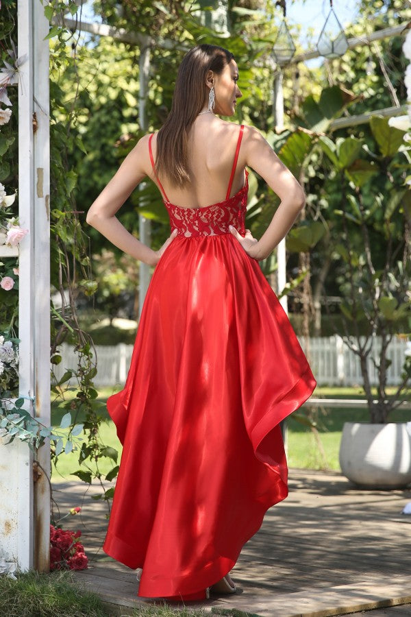 Red High Low V-neck Satin Lace Backless Party Dress