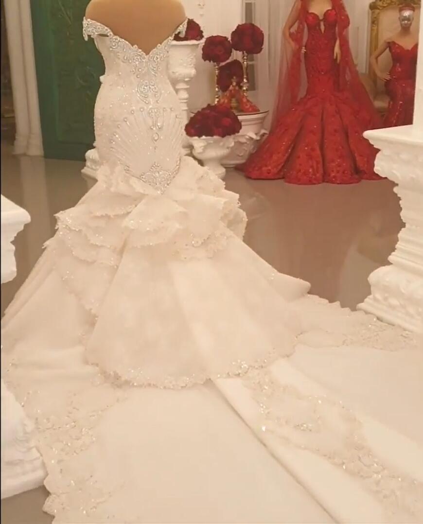 Gorgeous Long Off the Shoulder Crystal Floor Length Backless Mermaid Wedding Dresses