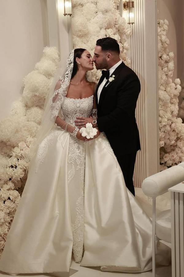 Gorgeous Long Off the Shoulder Lace Satin Wedding Dresses with Sleeves